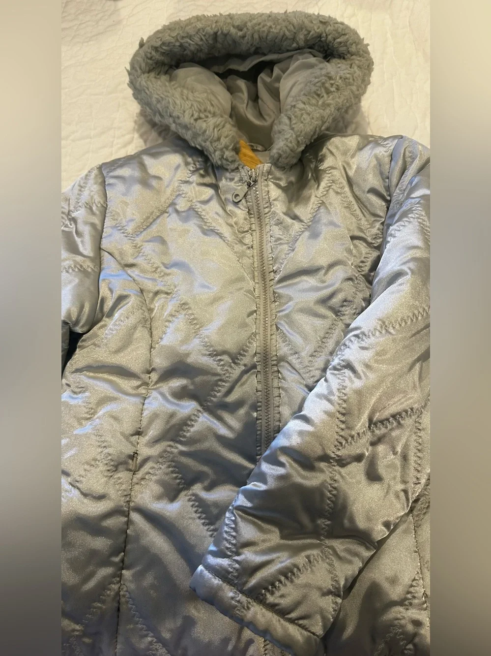 GENERATION Y Shimmery Silver Quilted Puffer with Faux Fur Trim